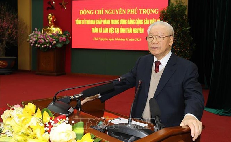 Tổng Bí thư Nguyễn Phú Trọng phát biểu tại buổi làm việc với Ban Thường vụ và lãnh đạo tỉnh Thái Nguyên