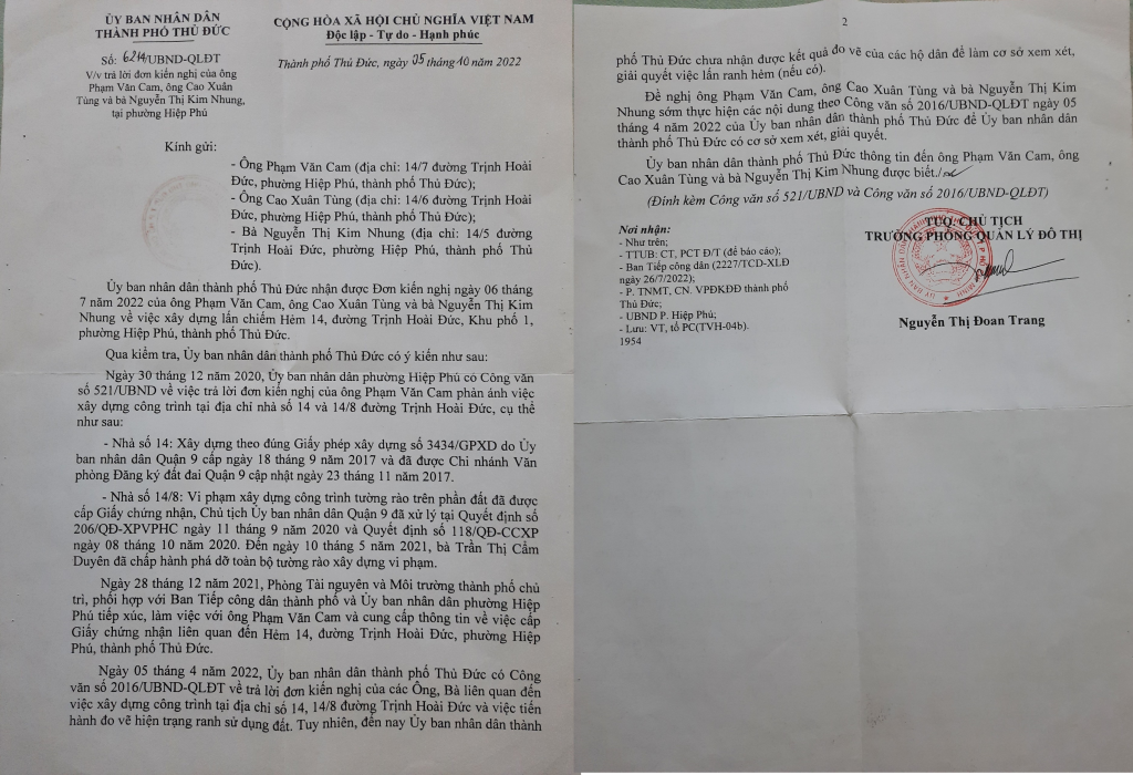 Văn bản số 621 của UBND TP Thủ Đức trả lời đơn kiến nghị của ông Phạm Văn Cam và một số hộ dân liên quan đến vụ việc