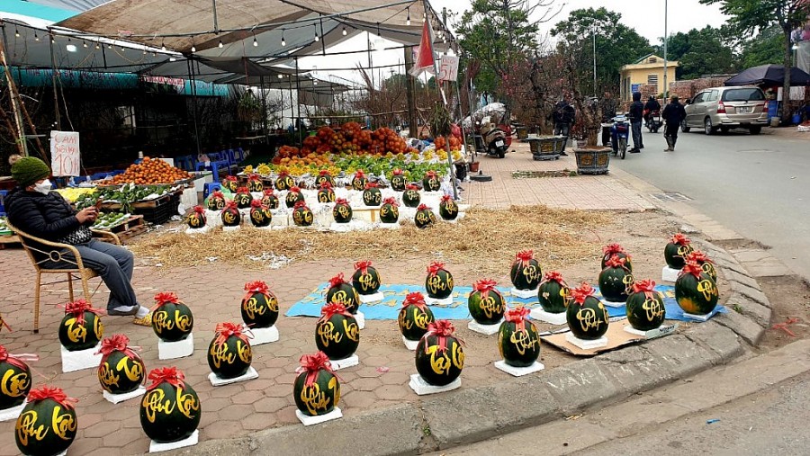 Cây cảnh, hoa trang trí Tết tràn ngập tại ngã tư Bưởi – Hoàng Quốc Việt. Những chậu hoa đầy màu sắc cùng cành đào, cây quất sẽ làm không khí Tết trong gia đình thêm ấm cúng hơn