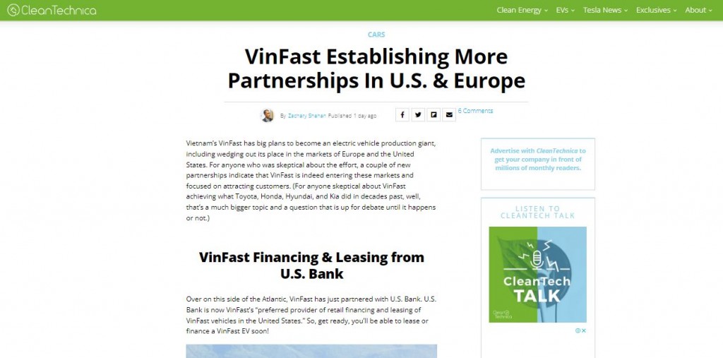 Bài viết 'VinFast mở rộng mạng lưới đối tác tại Mỹ và Châu Âu' trên trang tin tức công nghệ hàng đầu tại Mỹ - CleanTechnica