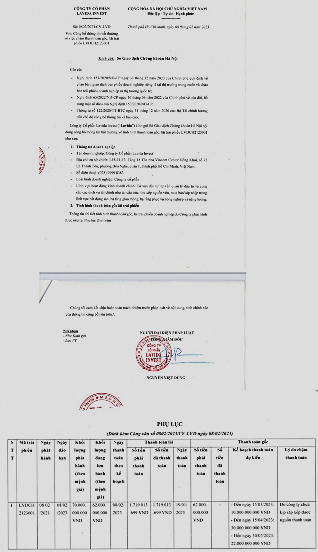 Lavida Invest dời lịch thanh toán mã trái phiếu LVDCH2123001 cho các trái chủ