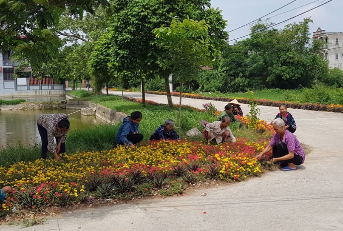 Hội viên Chi hội Người cao tuổi và Chi hội Liên hiệp phụ nữ thôn Lạc Đạo, xã Trung Tú chăm sóc hoa