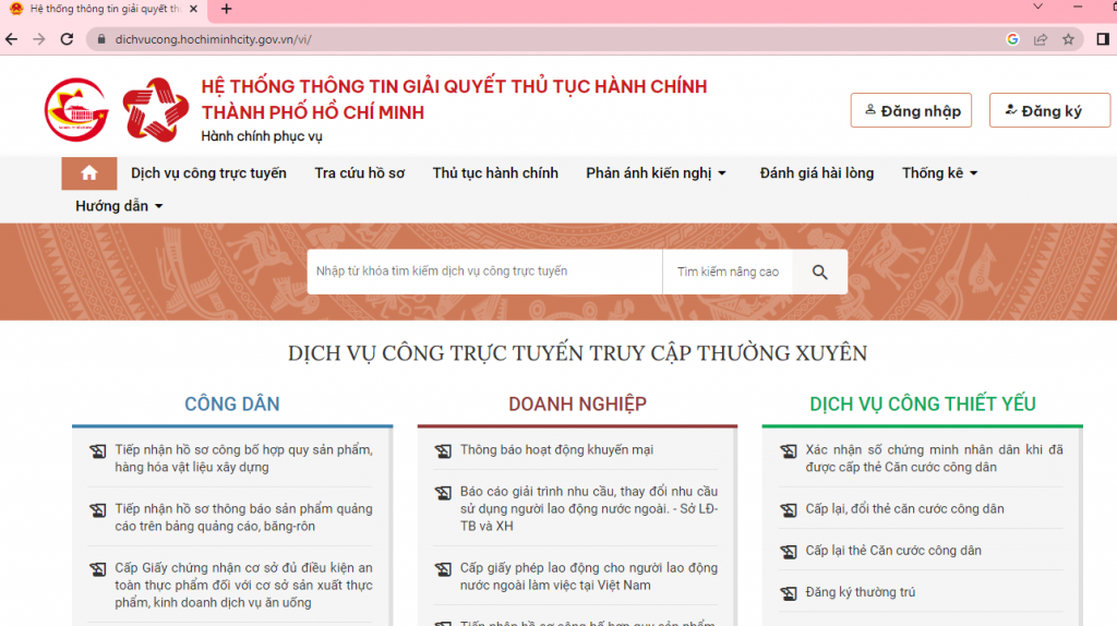 Giao diện Hệ thống thông tin giải quyết thủ tục hành chính 