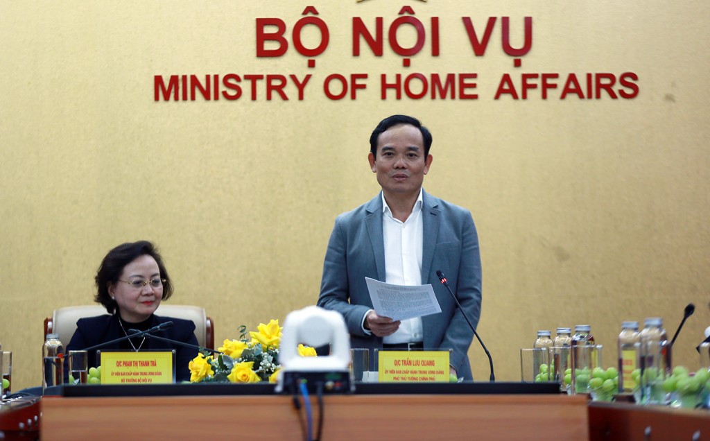 Phó Thủ tướng Trần Lưu Quang làm việc với Bộ Nội vụ về tình hình thực hiện nhiệm vụ từ sau Đại hội XIII của Đảng, nhiệm vụ trọng tâm trong năm 2023 của ngành nội vụ - Ảnh: VGP/Hải Minh