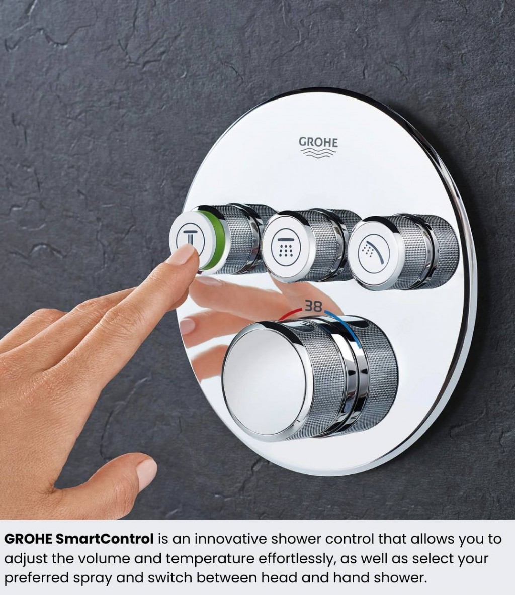 GROHE Smart Control - sử dụng công nghệ tiên tiến cho phép người dùng cá nhân hóa vòi hoa sen theo cách họ thích và điều khiển trực quan nhiệt độ và lượng nước