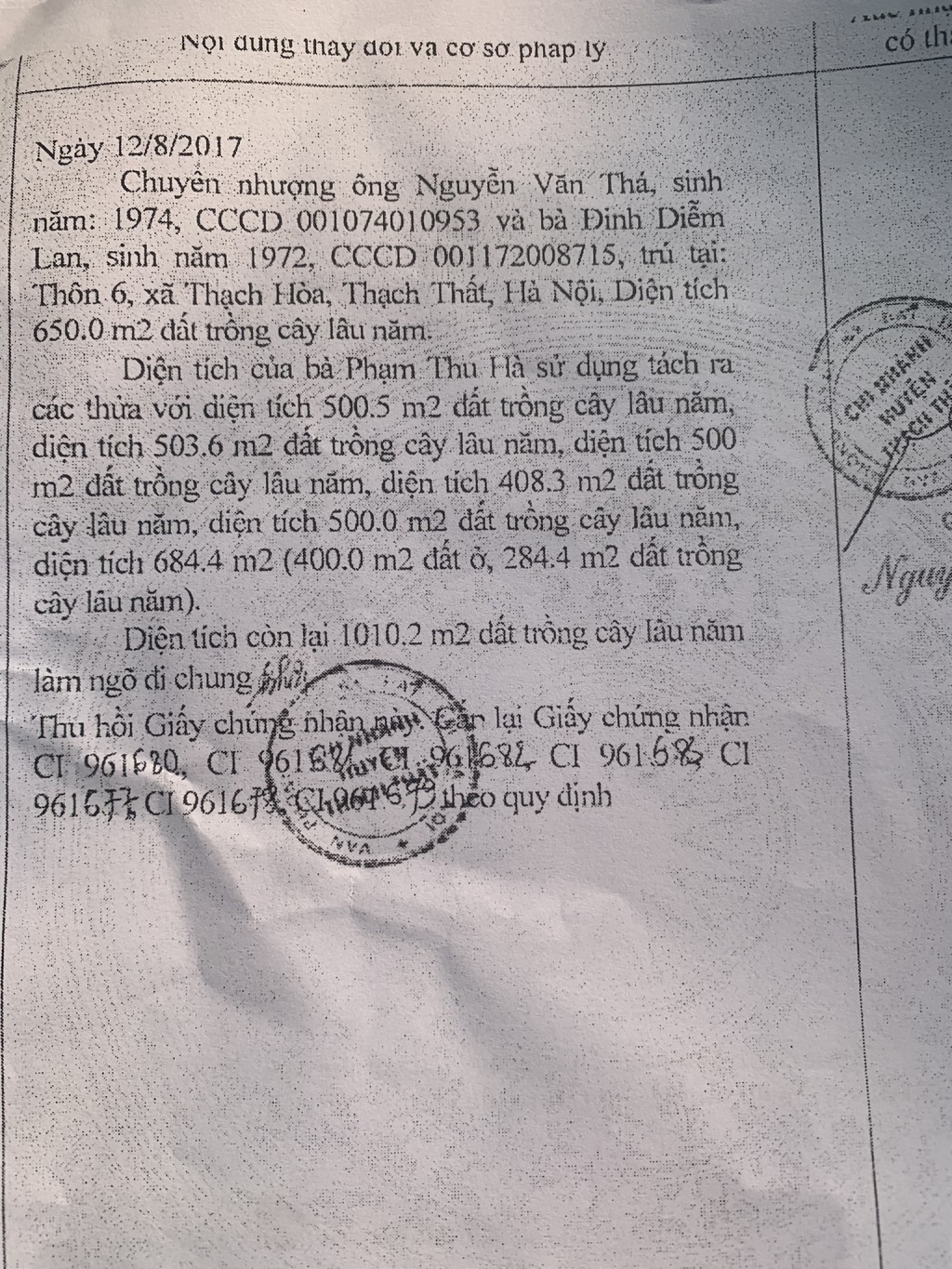 Hồ sơ lưu tại Chi nhánh văn phòng đăng ký đất đai huyện Thạch Thất ghi nhận sự biến động đối với diện tích tại Đảo Tròn