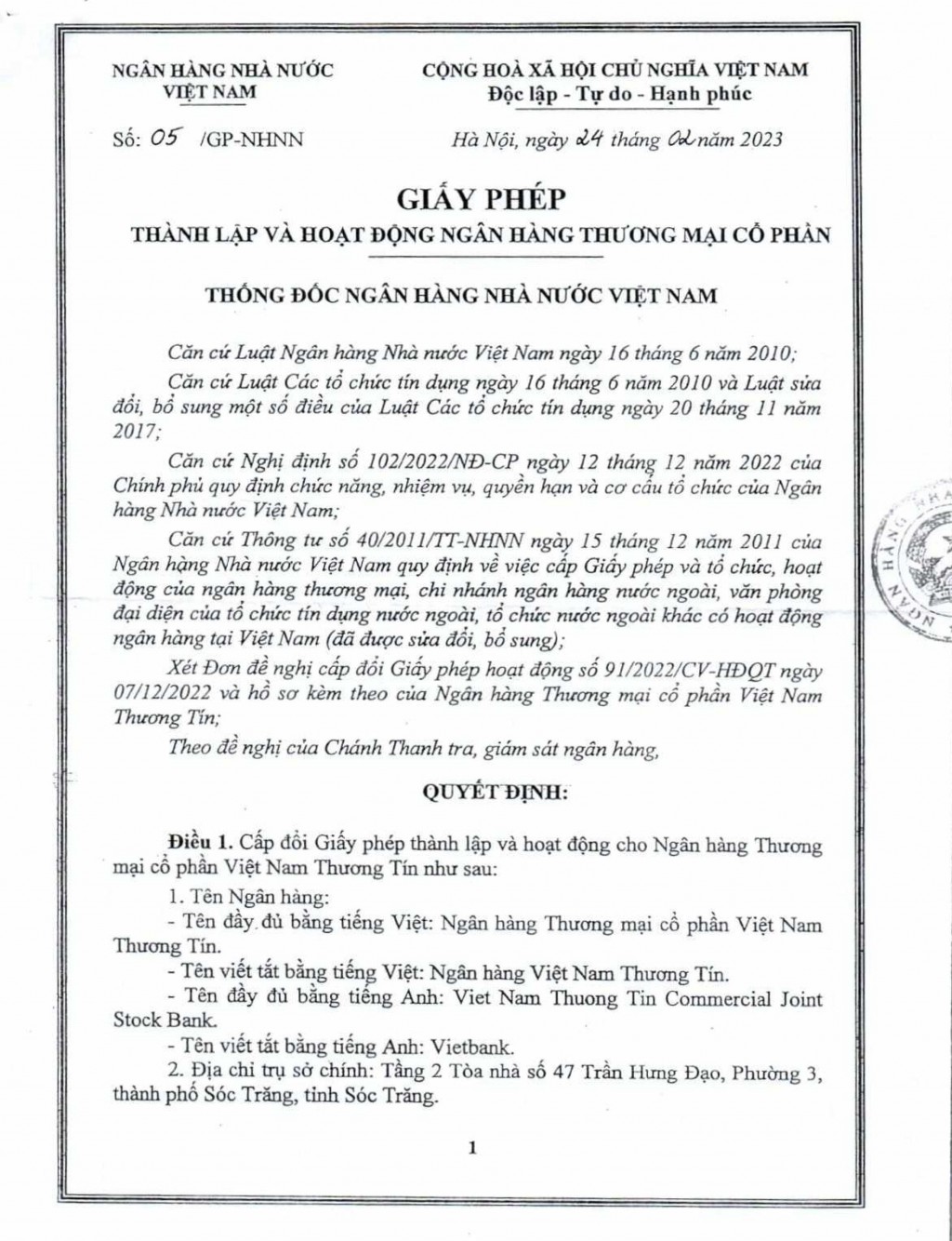 Cấp đổi giấy phép hoạt động Ngân hàng Thương mại cổ phần Việt Nam Thương Tín
