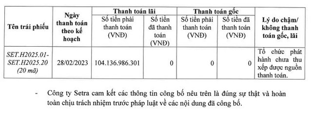 Setra chậm trả lãi 20 lô trái phiếu