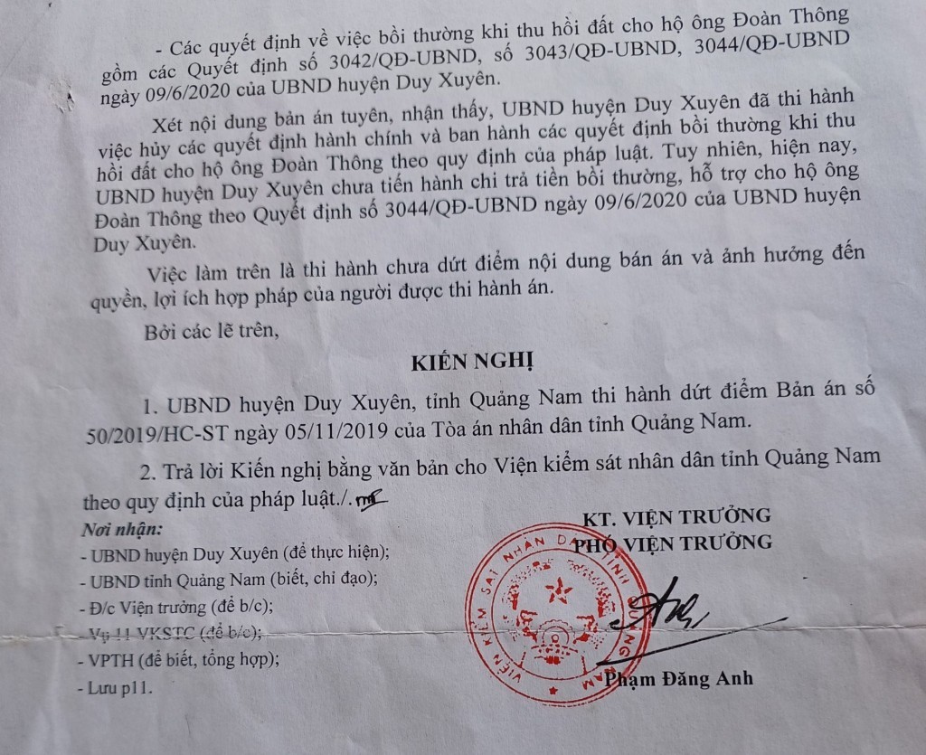 UBND huyện Duy Xuyên cần sớm thi hành bản án đã có hiệu lực pháp luật