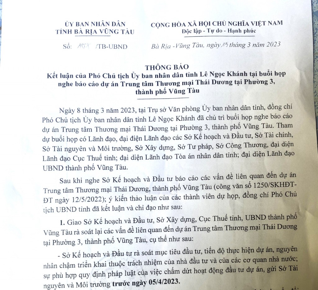 Thông báo của UBND tỉnh Bà Rịa - Vũng Tàu về rà soát dự án Trung tâm thương mại Thái Dương