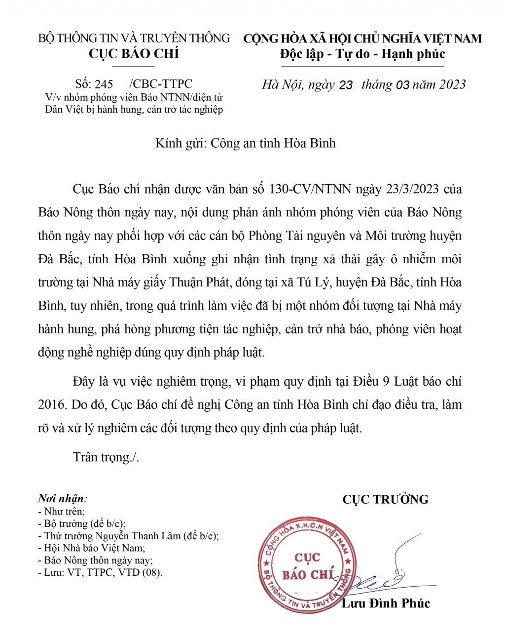 Cục Báo chí đề nghị Công an tỉnh Hòa Bình điều tra làm rõ các đối tượng hành hung nhà báo