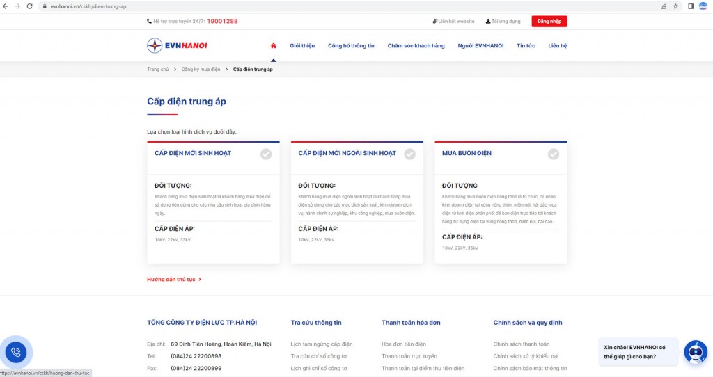 Thông tin đăng ký cấp điện trung áp trên website: evnhanoi.vn