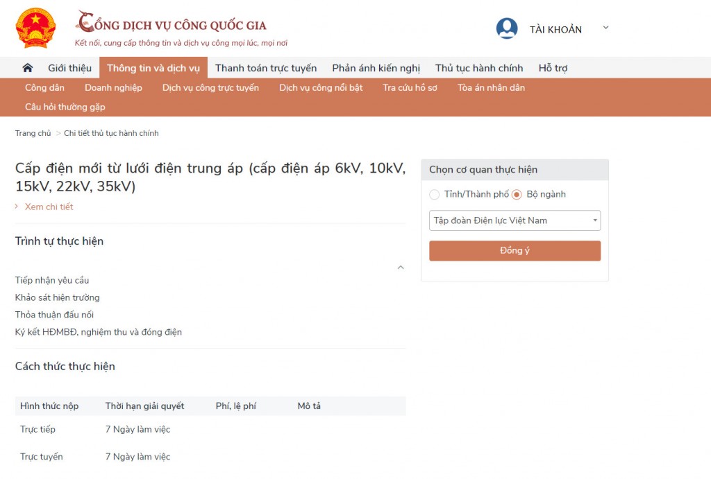 Hướng dẫn đăng ký cấp điện mới từ lưới điện trung áp trên Cổng dịch vụ công Quốc gia