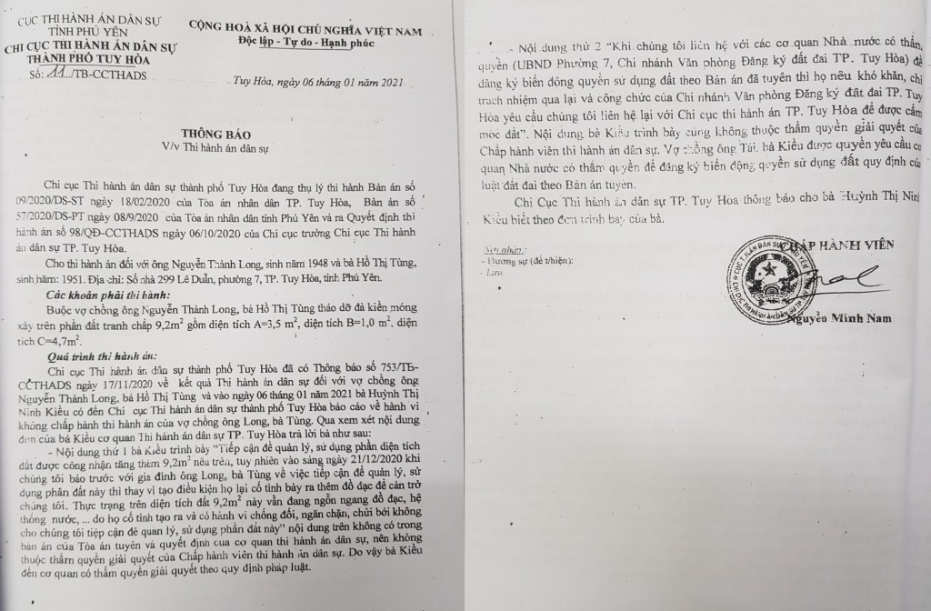 Thông báo trả lời đơn do Chấp hành viên Nguyễn Minh Nam ký ban hành