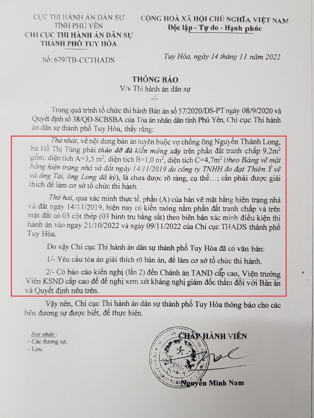 Thông báo của Chấp hành viên Nguyễn Minh Nam