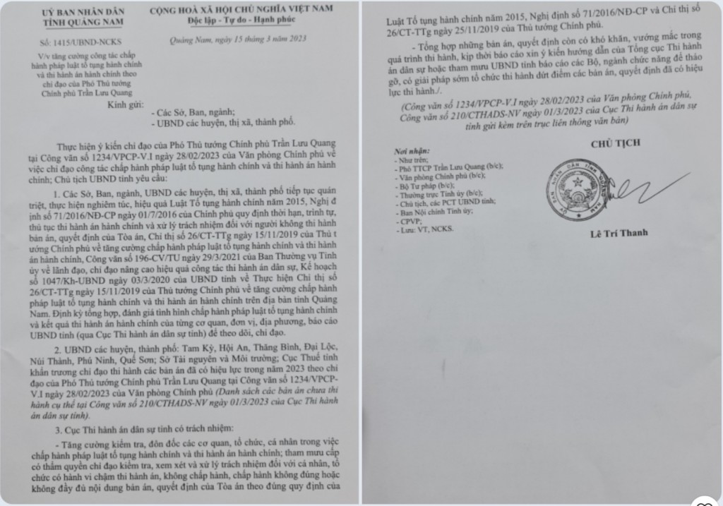 Công văn số 1415/UBND-NCKS V/v tăng cường công tác chấp hành pháp luật tố tụng hành chính và thi hành án hành chính theo chỉ đạo của Phó Thủ tướng Chính phủ Trần Lưu Quang.