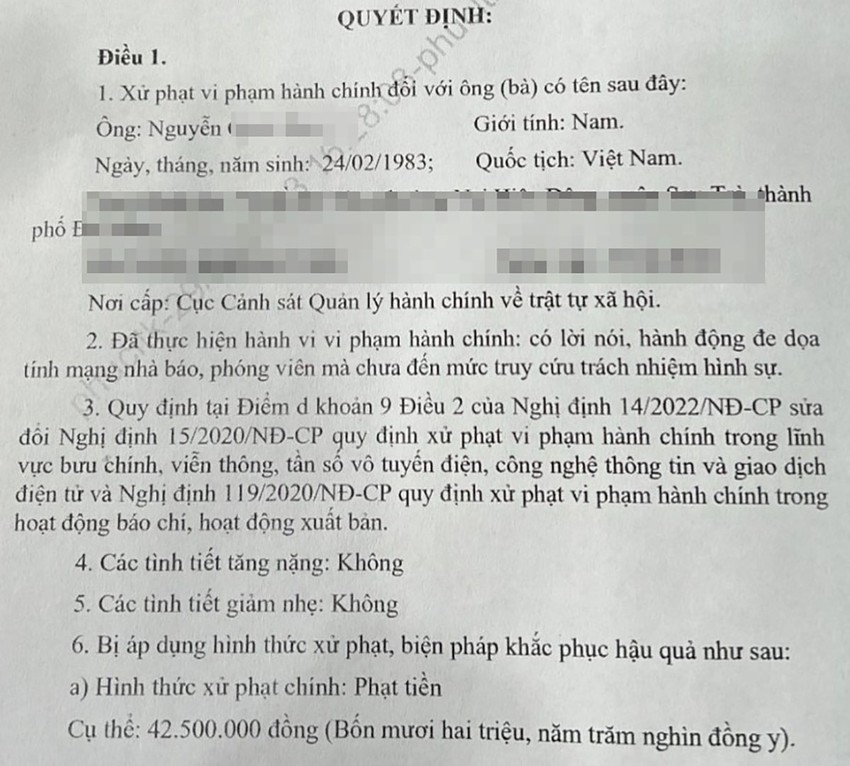 Đe doạ nhà báo, một người đàn ông bị phạt 42,5 triệu đồng