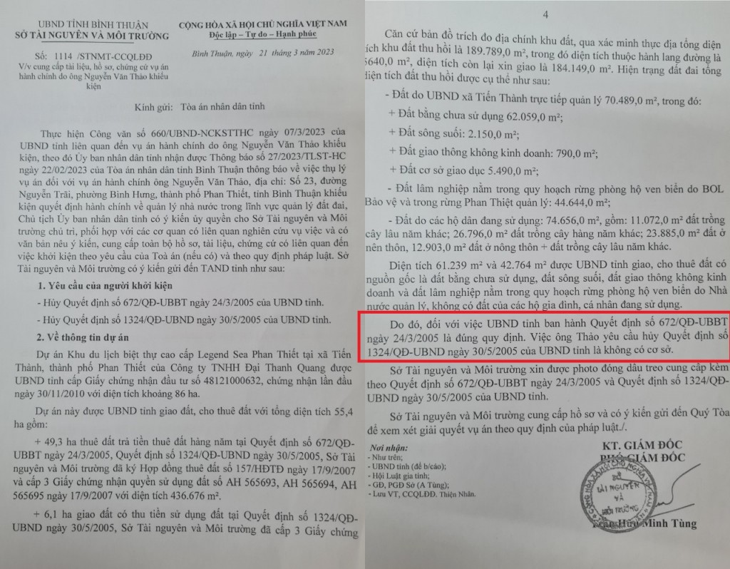 Văn bản Sở TN&MT gửi TAND tỉnh Bình Thuận về việc cung cấp tài liệu, hồ sơ, chứng cứ liên quan đến vụ án hành chính do ông T., khiếu kiện, qua đó khẳng định, việc ông T., yêu cầu hủy 2 quyết định trước đó của UBND tỉnh Bình Thuận về việc thu hồi thu hồi cho thuê đất và giao đất đối với Công ty Đại Thanh Quang để xây dựng dự án là không có cơ sở