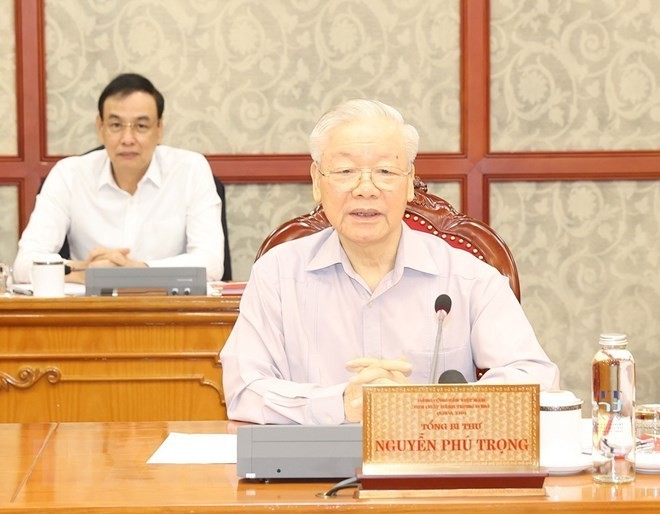 Tổng Bí thư Nguyễn Phú Trọng phát biểu kết luận cuộc họp. (Ảnh: TTXVN)