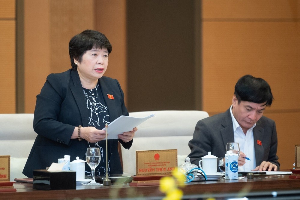 Chủ nhiệm Ủy ban Xã hội của Quốc hội Nguyễn Thúy Anh, Phó Trưởng đoàn giám sát trình bày báo cáo.