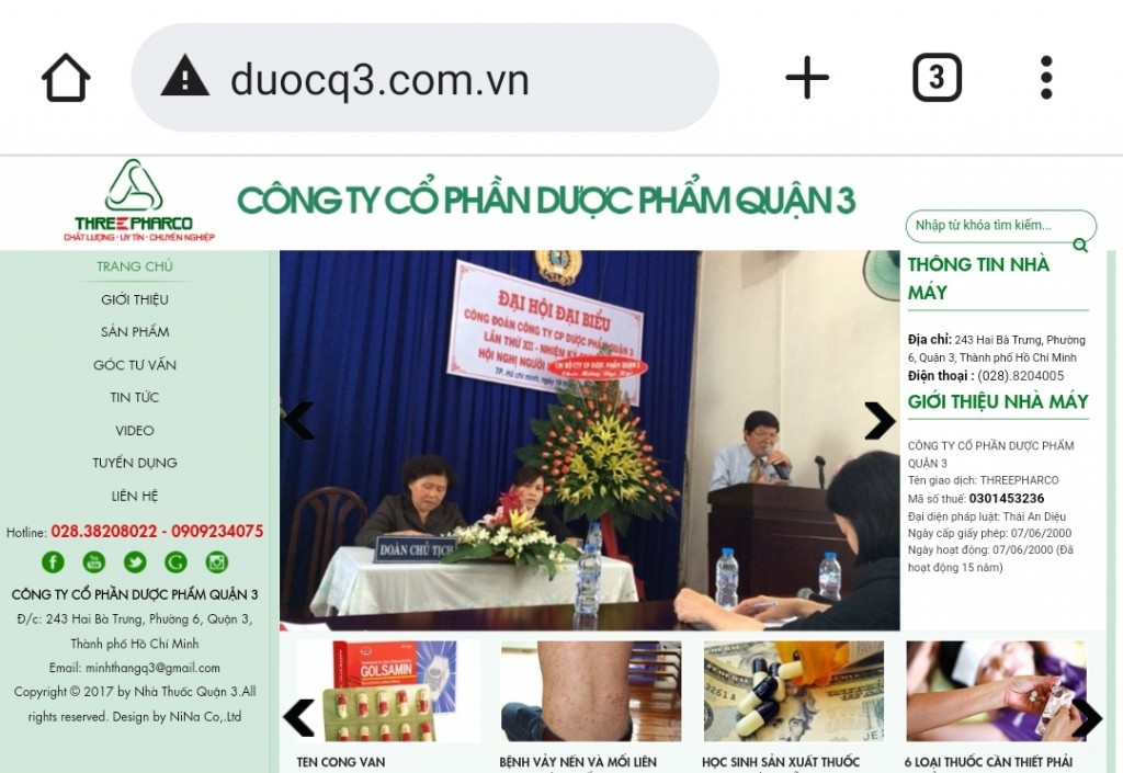 Website giới thiệu về Công ty CP Dược phẩm Quận 3 (ảnh chụp màn hình)