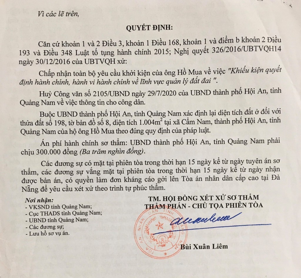 Mặc dù bản án đã có hiệu lực nhưng UBND TP Hội An viện dẫn văn bản không phải là văn bản quy phạm pháp luật để không thi hành bản án