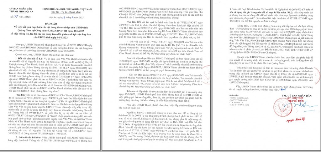 Thông báo số 77/BC-UBND Báo cáo kết quả thực hiện các nội dung chỉ đạo của UBND tỉnh Quảng Nam tại Công văn số 2092/UBND-TH ngày 10/4/2023, về việc thông tin, trả lời các nội dung trao đổi, phản ánh của báo Tuổi trẻ Thủ đô tại cuộc họp báo Quý II