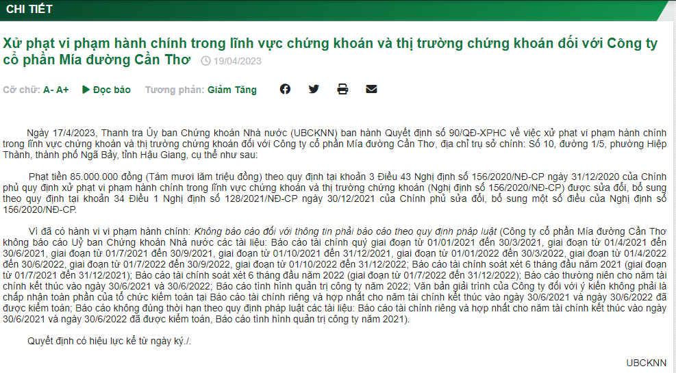 Thông tin xử phạt từ UBCKNN