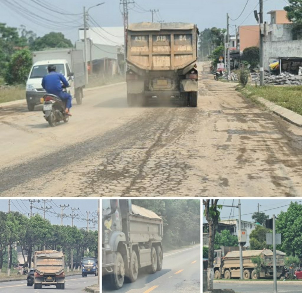 Các đoàn xe có trọng lớn cơi nới vượt thành thùng chở có ngọn chạy qua các tuyến đường về san lấp Bến cảng Liên Chiểu