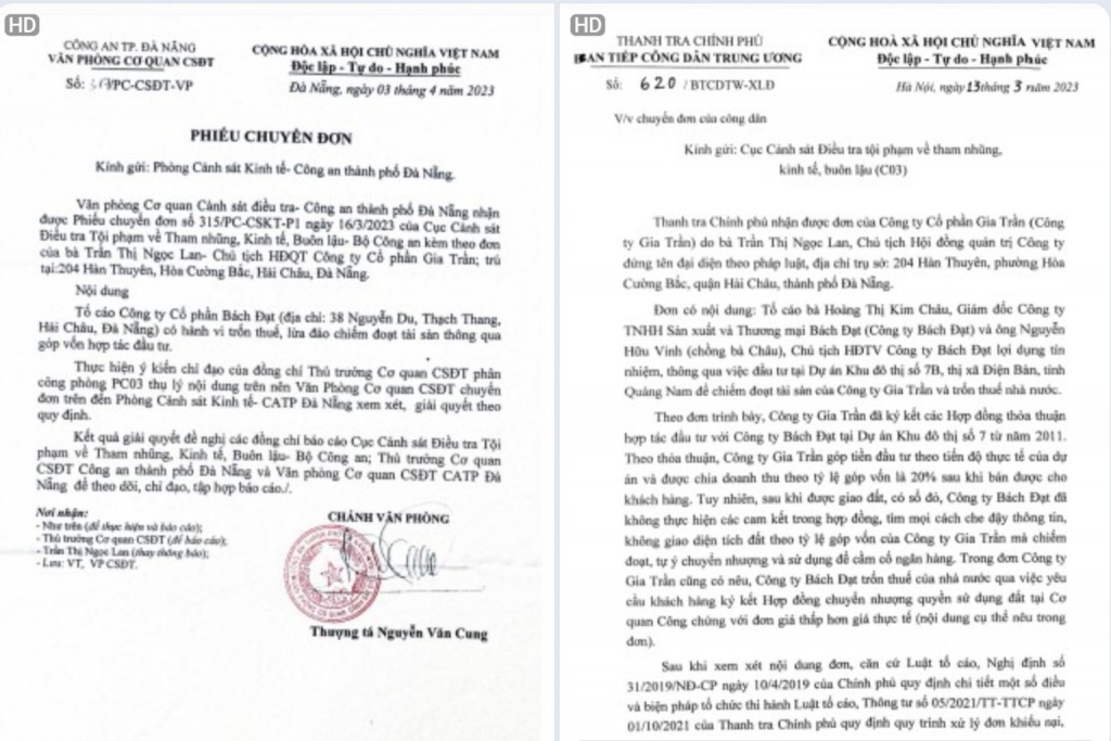 Văn bản của Thanh tra Chính Phủ và Cơ quan CSĐT Công an TP Đà Nẵng