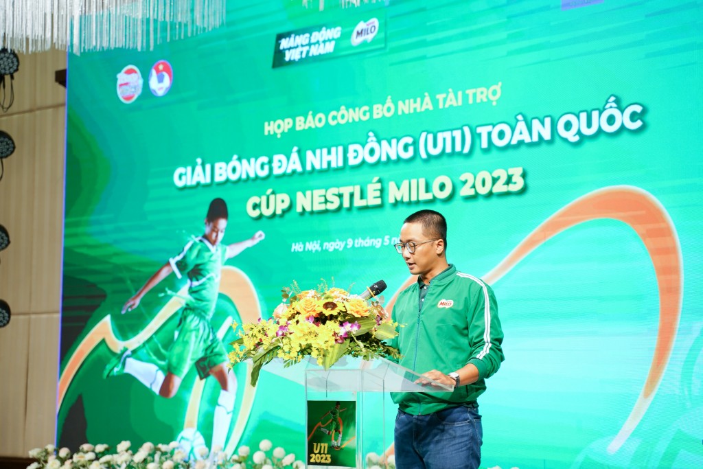 Ông Vũ Nam Hà, Quản lý cấp cao nhãn hàng Nestlé MILO đại diện Công ty Nestlé Việt Nam phát biểu tại lễ họp báo