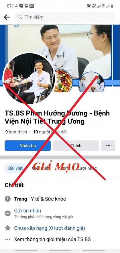 Facebook lấy hình ảnh và tên của TS. BS Phan Hướng Dương - Phó Giám đốc Bệnh viện Nội tiết Trung ương để giới thiệu sản phẩm, tư vấn điều trị bệnh là trang giả mạo.