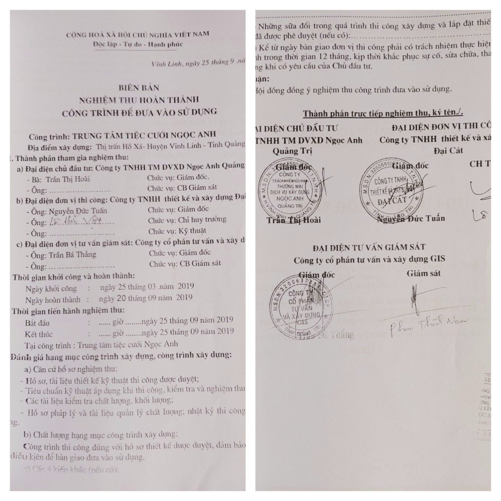 trong hồ sơ biên bản nghiệm thu hoàn thành công trình để đưa vào sử dụng, ngày 25/9/2019, thì Công trình Trung tâm tiệc cưới Ngọc Anh (địa điểm xây dựng tại đường Huyền Trân Công Chúa, thị trấn Hồ Xá, huyện Vĩnh Linh) có chữ ký, con dấu của đơn vị tư vấn 