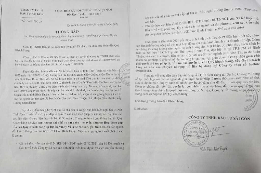 Thông báo tạm ngưng nhận hồ sơ sang tên - chuyển nhượng Hợp đồng góp vốn tại dự án Sunny Villa của Công ty TNHH Đầu tư Sài Gòn