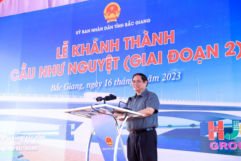 Thủ tướng Chính phủ Phạm Minh Chính phát biểu tại lễ khánh thành cầu Như Nguyệt giai đoạn 2 - Ảnh: VGP/Nhật Bắc