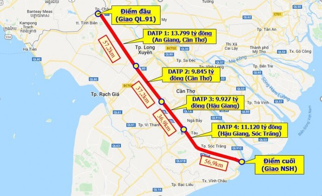 Cao tốc Châu Đốc - Cần Thơ - Sóc Trăng dài hơn 188 km, đi qua 4 tỉnh Đồng bằng sông Cửu Long, tổng mức đầu tư gần 44.700 tỷ đồng