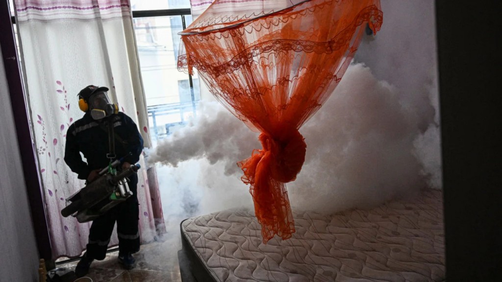 Một công nhân phun thuốc muỗi để ngăn chặn sự lây lan của bệnh sốt xuất huyết trong một khu phố ở Piura, phía bắc Peru ngày 11/6/2023 (Ảnh: AFP)