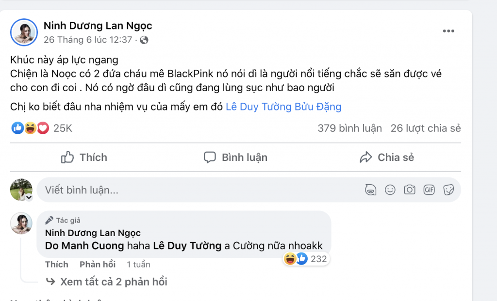 Diễn viên Ninh Dương Lan Ngọc chia sẻ trên Facebook