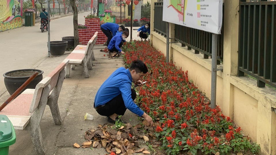 Đoàn viên, thanh niên xã Hồng Vân trồng cây hoa 
