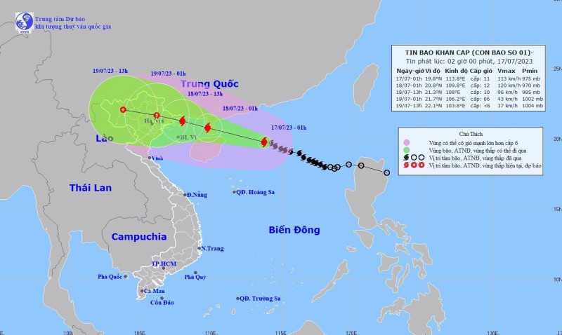 Hướng di chuyển của bão số 1 lúc 4h sáng 17.7.