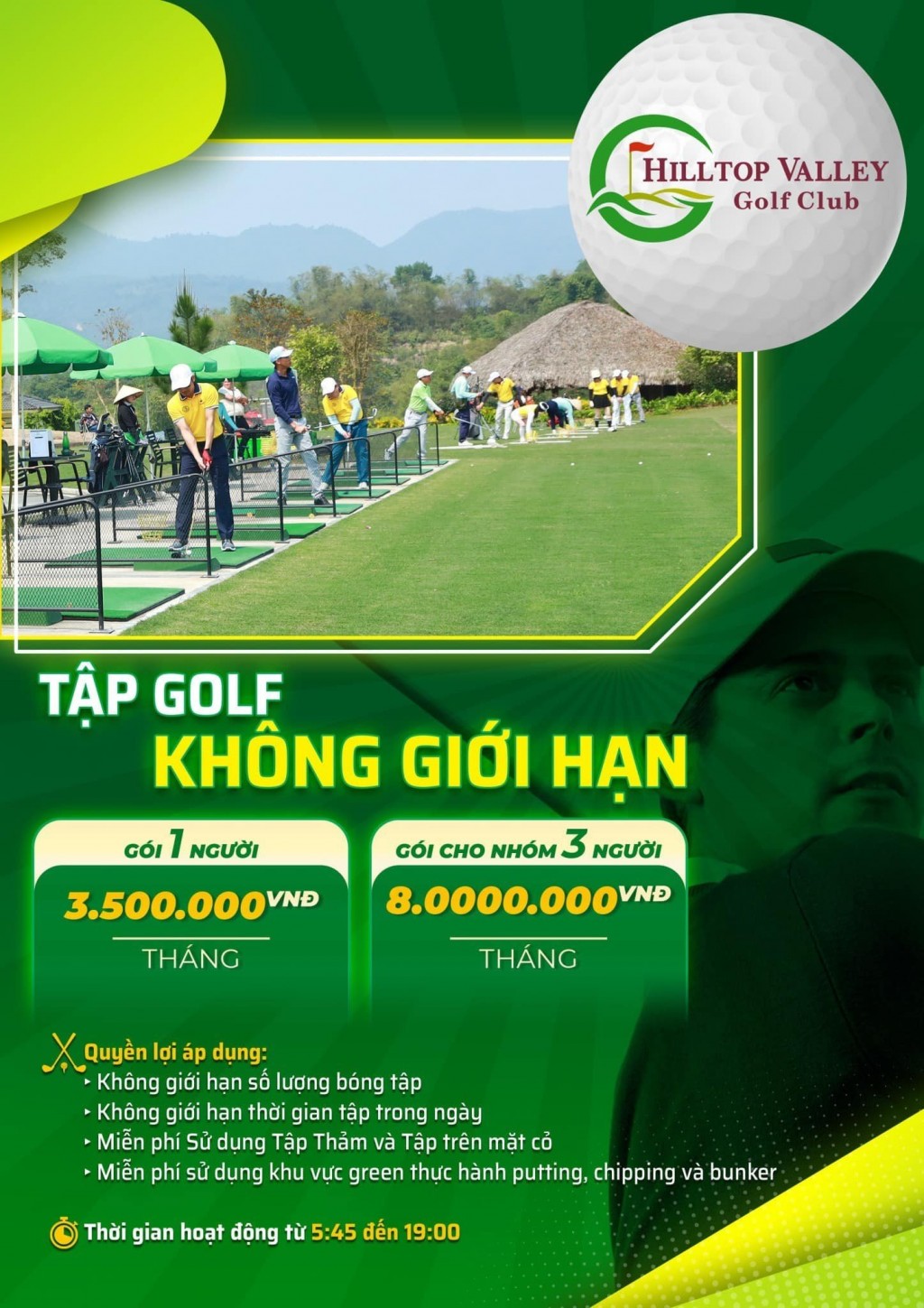 Tập golf không giới hạn tại sân Hilltop Valley