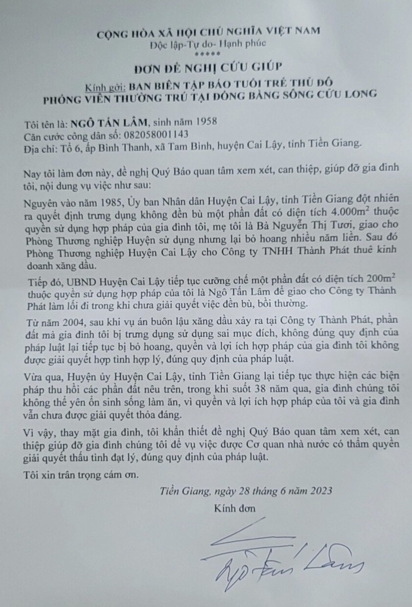 Đơn ông Lâm gửi Báo Tuổi trẻ Thủ đô đề nghị giúp đỡ