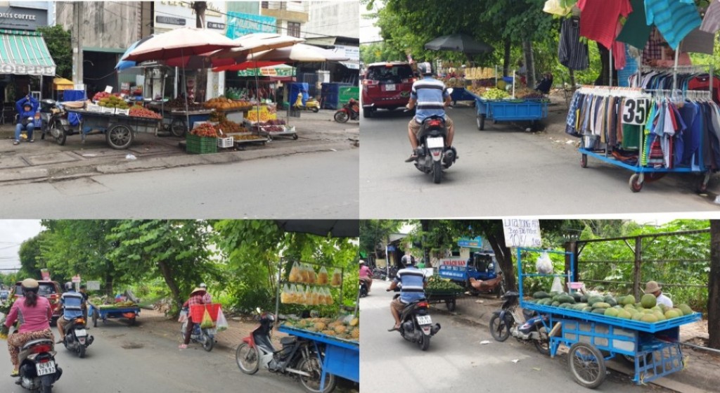 Những chiếc xe lôi tự chế dọc những tuyến đường gần chợ tự phát trên địa bàn phường Bình Trưng Đông và Bình Trưng Tây.