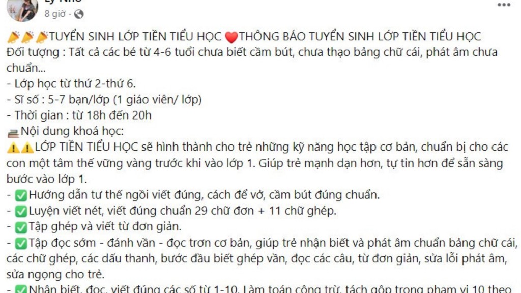 Không ít hội, nhóm trên Fecebook đã giới thiệu những khóa tiền tiểu học Để tiền tiểu học “né mác” khóa học “thần kỳ”…