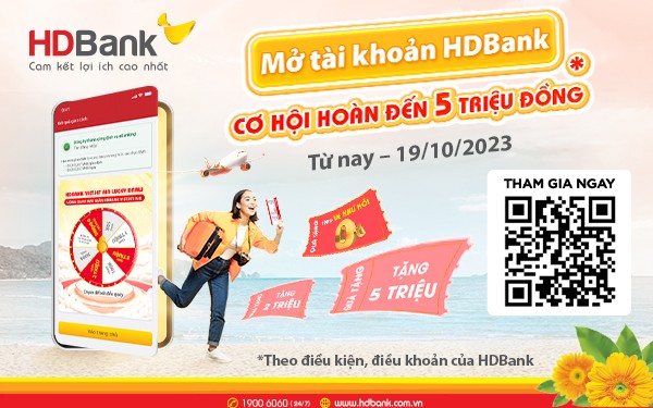 Chương trình “Scan vé bay - Quay ngay trúng lớn” của HDBank là cơ hội để người dùng nhận vé bay khứ hồi 0 đồng, hoàn tiền mặt 5 triệu ngay vào tài khoản thanh toán mới