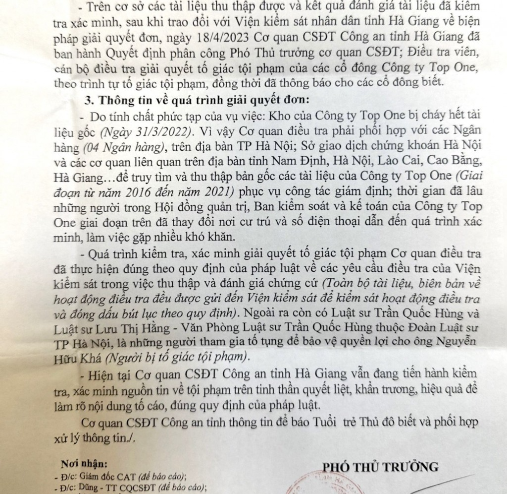 Một phần nội dung công văn từ Cơ quan Cảnh sát điều tra Công an tỉnh Hà Giang cung cấp thông tin tới báo Tuổi trẻ Thủ đô