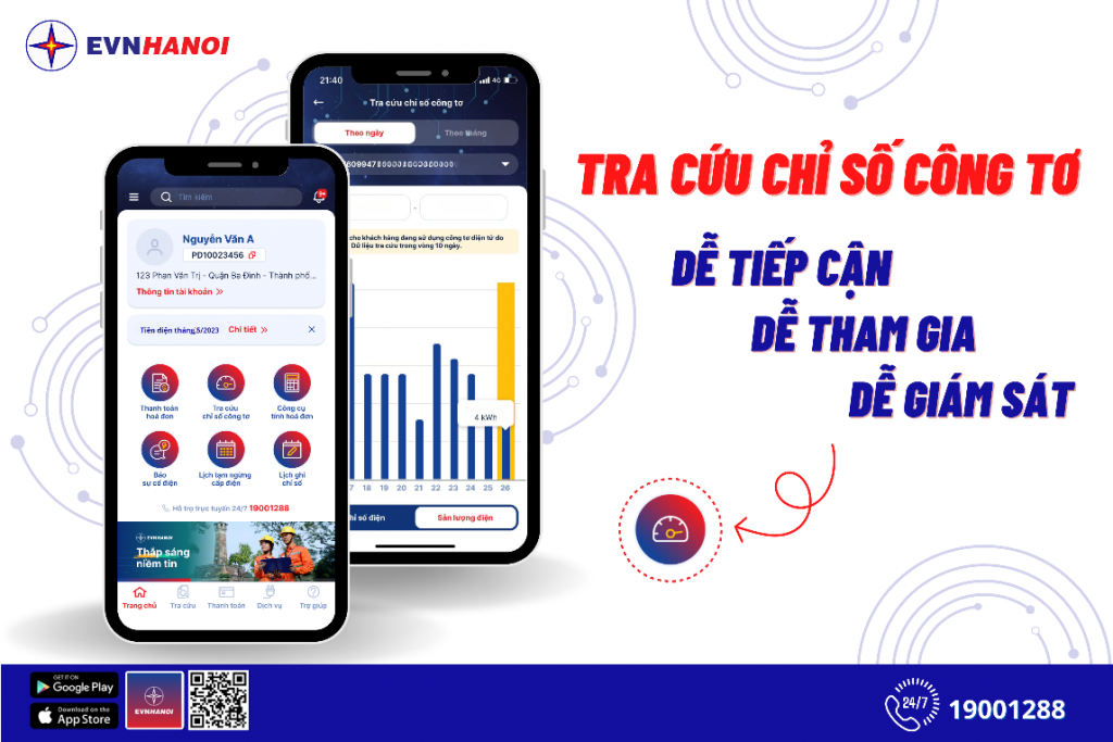 Tính năng tra cứu chỉ số công tơ trên App EVNHANOI