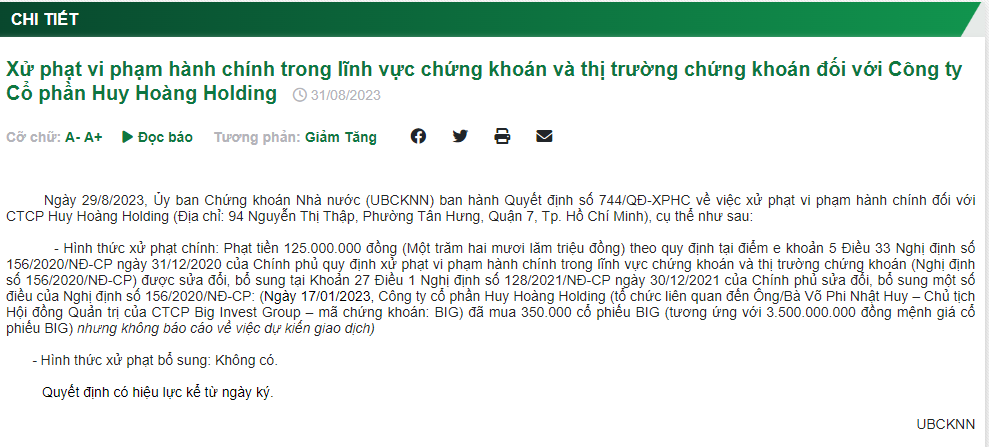 Thông tin xử phạt của UBCKNN