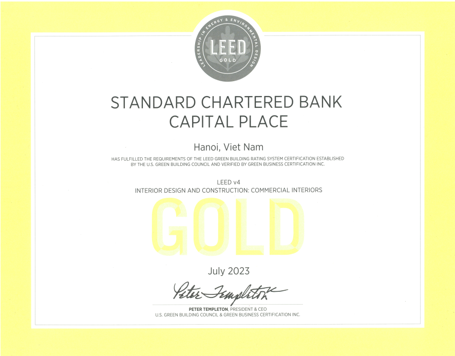 Ngân hàng Standard Chartered Việt Nam nhận chứng chỉ LEED Gold cho thiết kế thân thiện với môi trường nhất