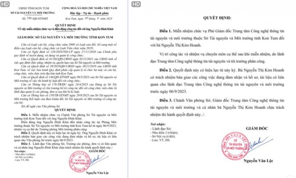Quyết định miễn nhiệm và điều chuyển công tác đói với 2 cán bộ bị kỷ luật của Giám đốc Sở TNMT Kon Tum